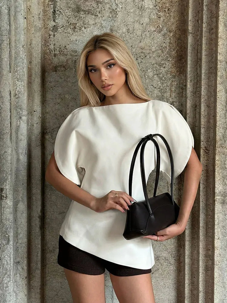HH Women Casual Loose T-Shirts Asymmetrical Hem Blouse Short Puff