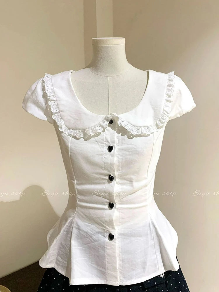 White Slim Sweet Shirt Women Puff Sleeve Cute Preppy Style Blouse