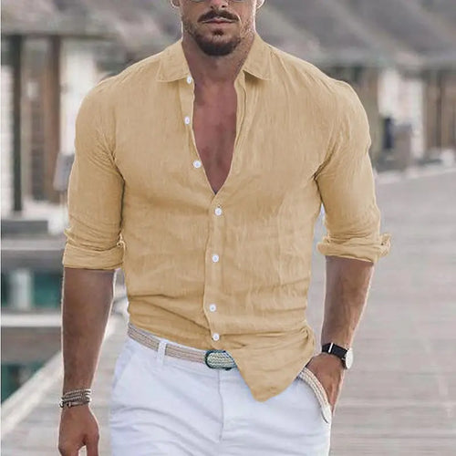 2023 New Men's Shirt Cotton linen Fashion Casual Polo Neck Beach Shirt