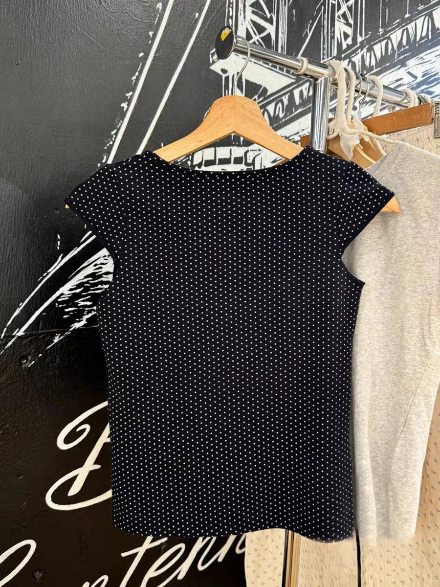 Dot Sleeveless Black Slim T-shirt Woman Summer Sexy Square Collar