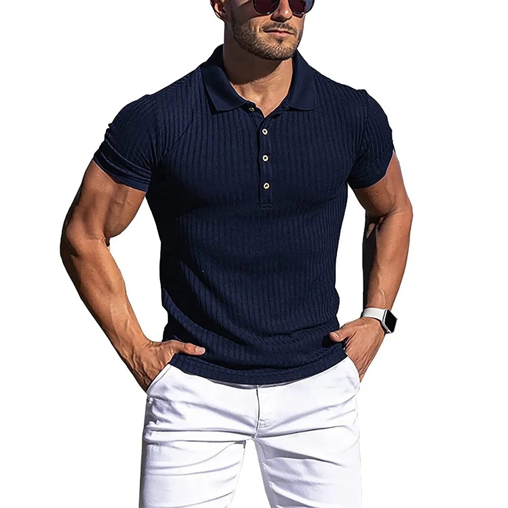 New Summer Polo Men Solid Stripe Fitness Elasticity Short Sleeve Polo