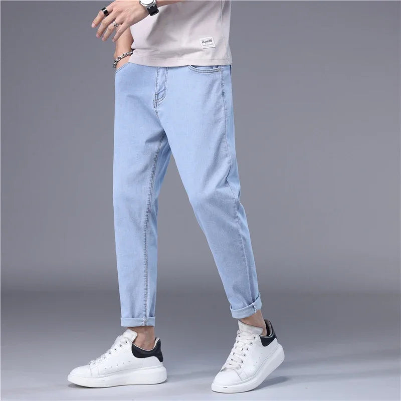 Summer Thin Men's Jeans Korean Style Blue Black Solid Color Stretch