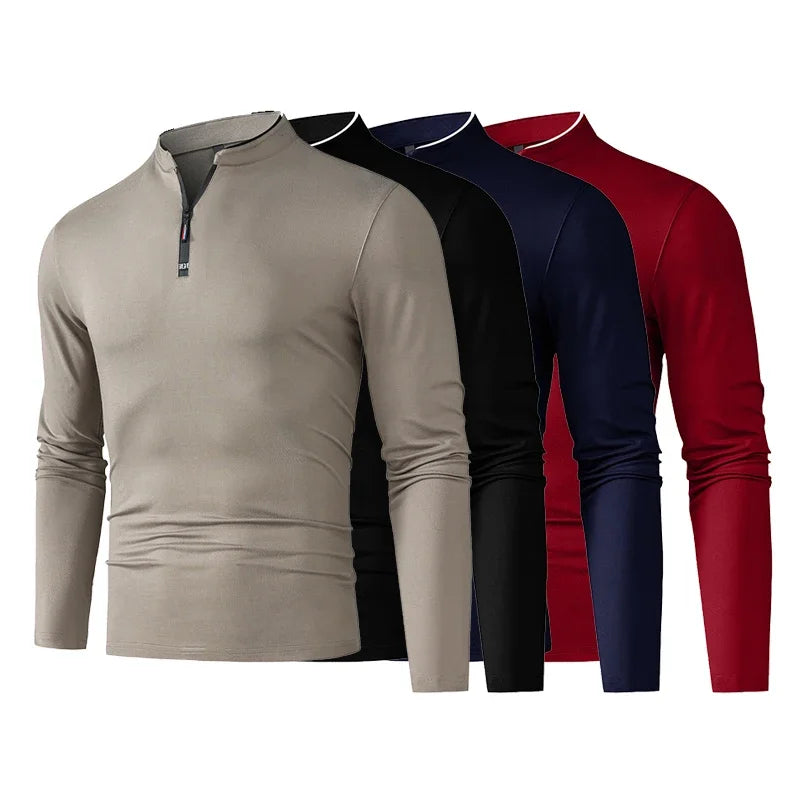 2025 New Men's Casual Fashion Zipper Solid Color Long Sleeved Polo