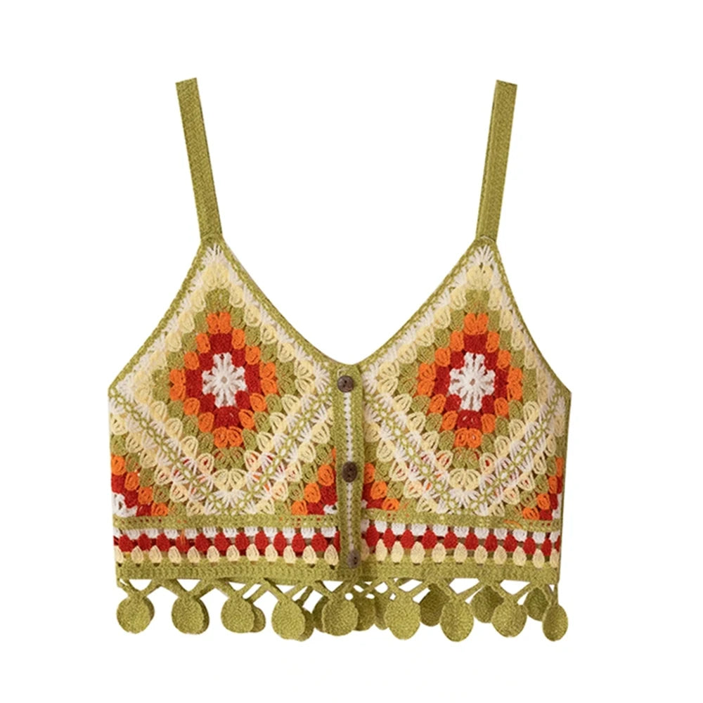 Granny Square Crochet Knit Vest Top Boho Fringed Strappy Crop Cami for