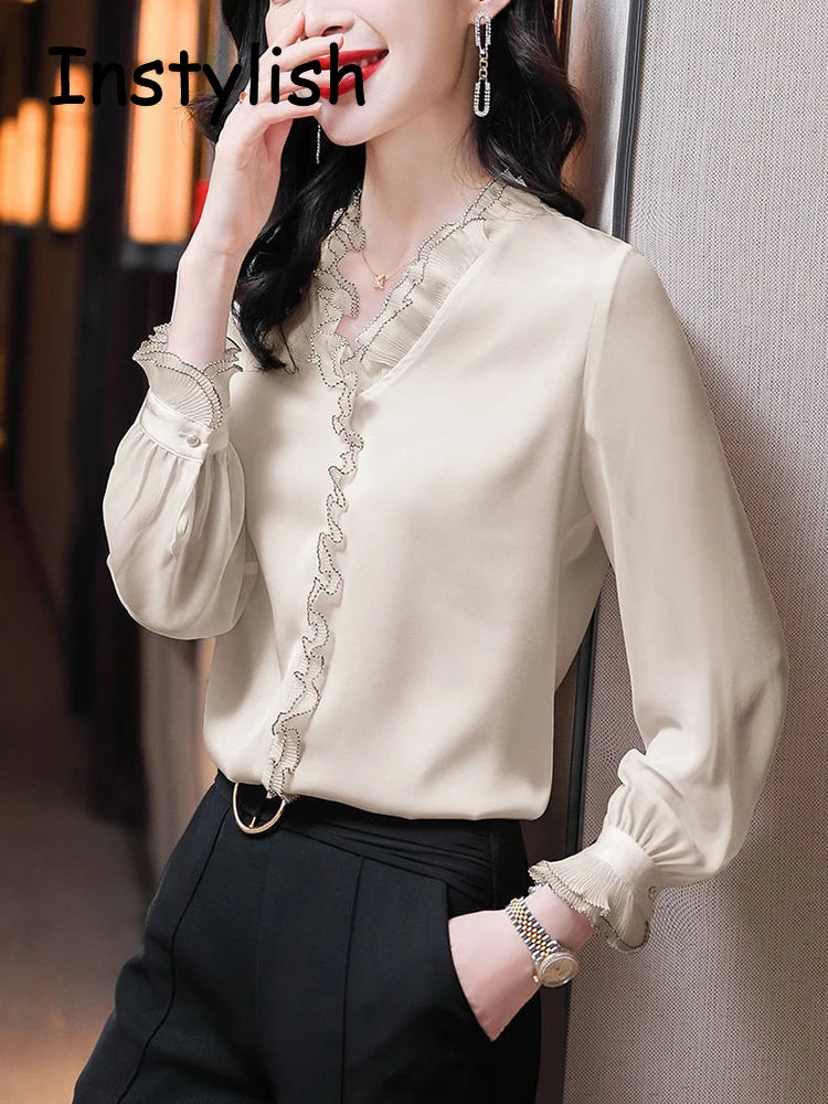 Elegant Women Chiffon Shirt Korean Blouse Office Lace Mesh Long Sleeve