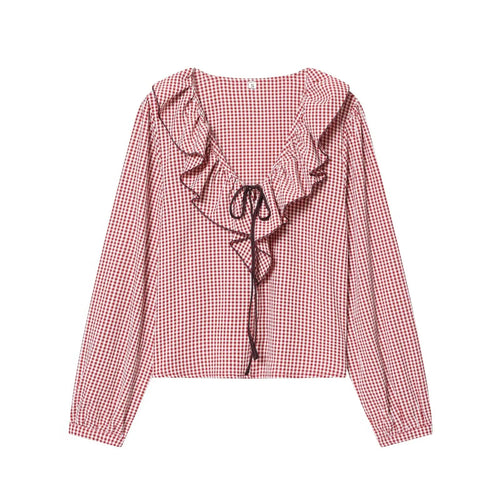 TFMLN Spring Women Long Sleeve Shirts New Vintage Elegant Plaid V