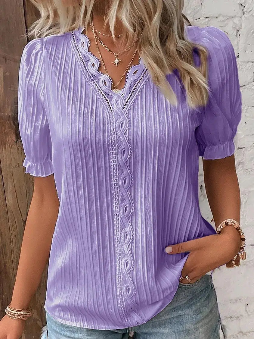 Elegant Women Blouse Shirt V Neck Lace Patchwork Short Sleeve Shirts