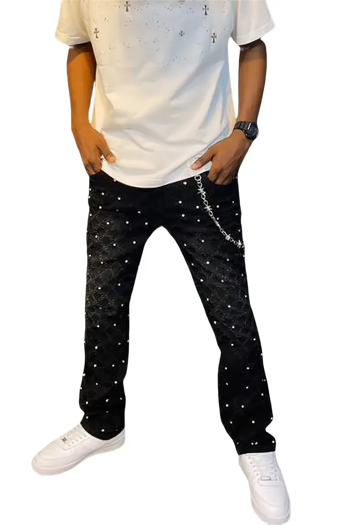 Men's Jeans with Nail Rhinestone Decoration, Shiny Stretch