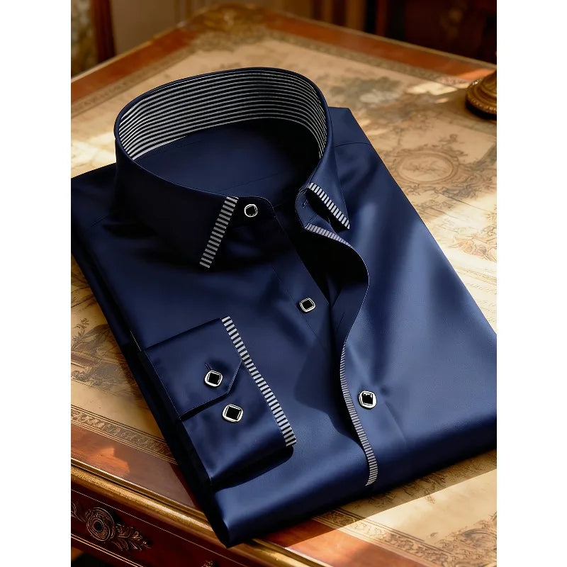 2025 New Men Patchwork Shirt Fashion Dress Tuxedo Long Sleeve Smart