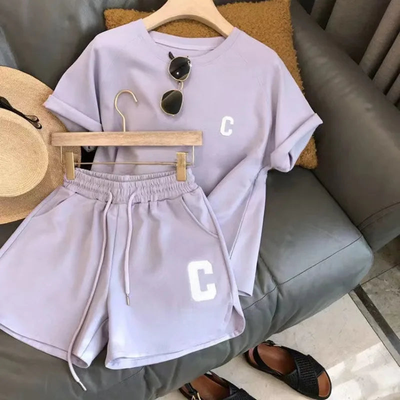 2 Piece Set Women Summer Loose Short Sleeve T-Shirt Casual Shorts