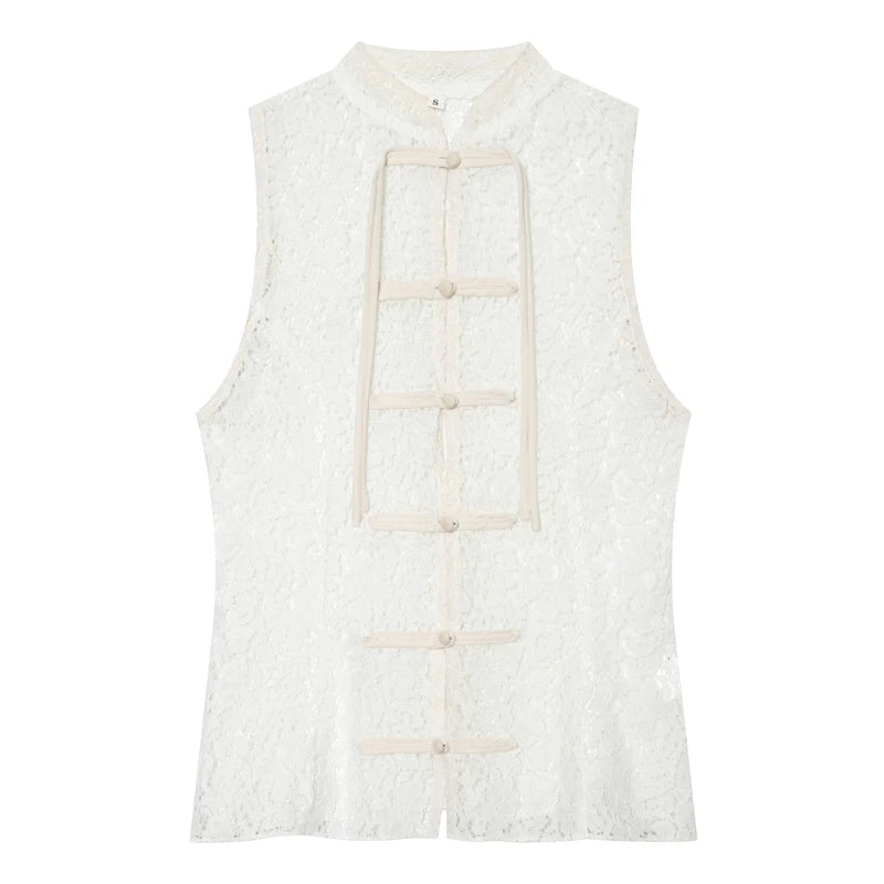 Women's Lace Tops Summer White Sheer Sleeveless Stand Collar Vest For