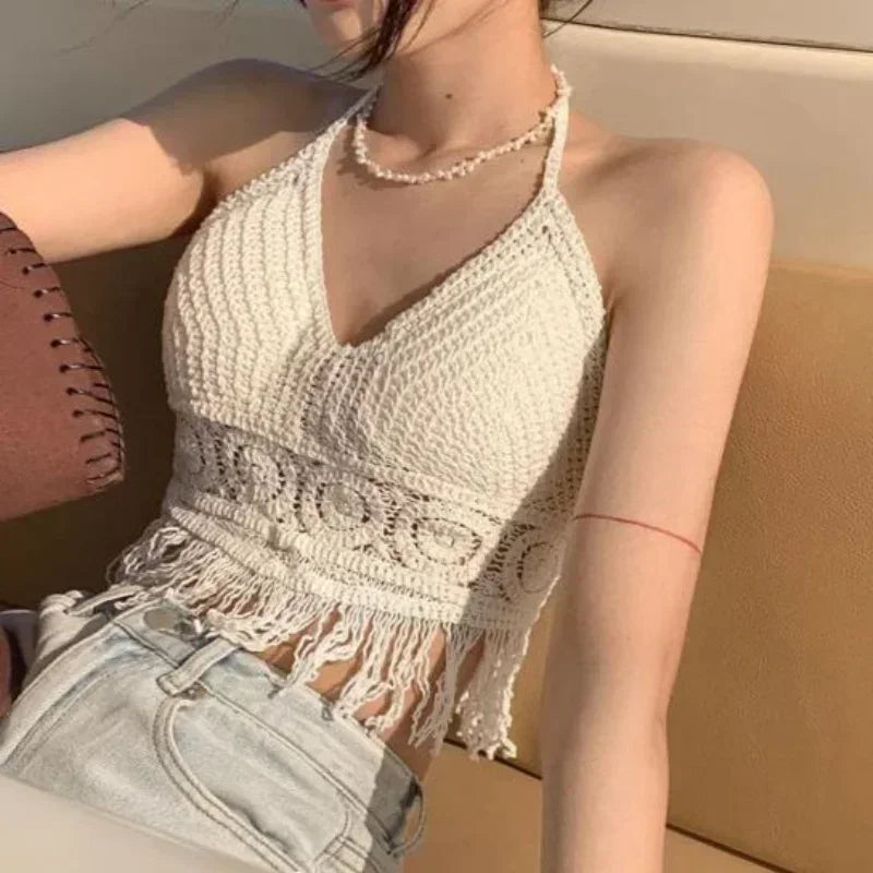 Tassel Crop Tops Retro Wild Hollow Perspective Sexy Spaghetti Strap