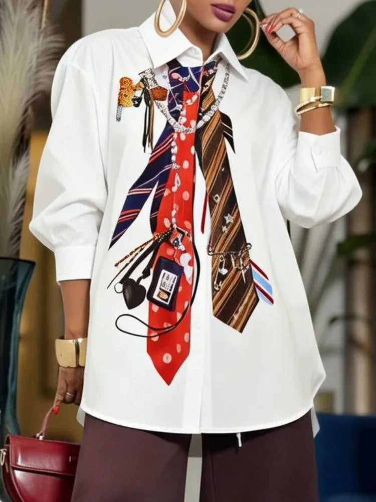 Yeezzi 2026 New Trendy Tie Printed White Shirts For Women Puff Sleeves