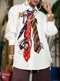 Yeezzi 2026 New Trendy Tie Printed White Shirts For Women Puff Sleeves