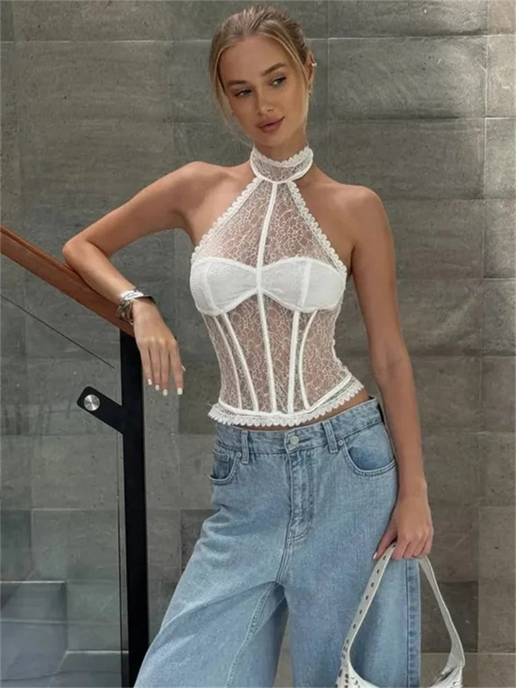 Tossy Summer White Lace Tank Top Women See-Through Printed High Waist