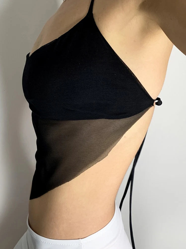 Sexy Transparent y2k Mesh Halter Tops Women V-neck Backless Korean
