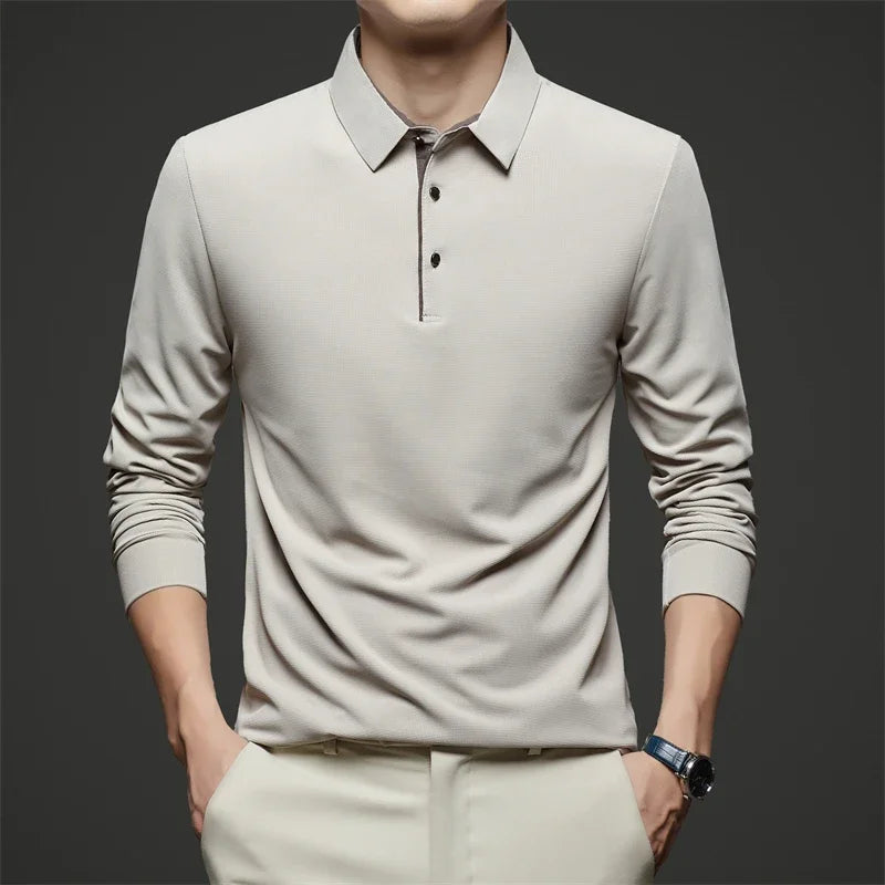 New Men's Business Casual  Long Sleeve Solid Color Polo Shirt
