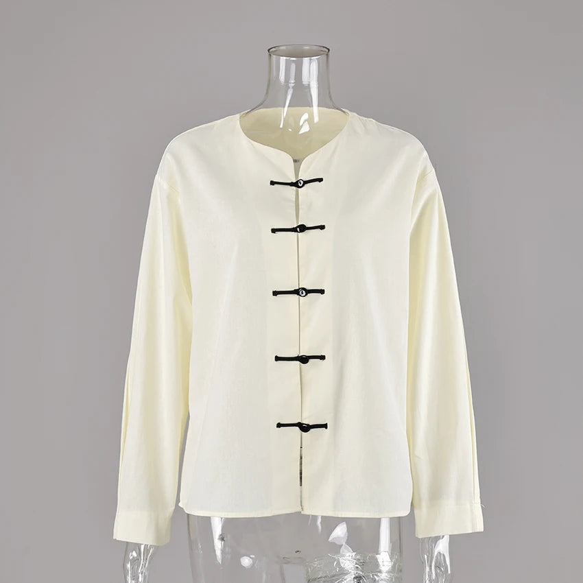 Linad Chinese Style Beige O Neck Shirts Female 2026 Vintage Single
