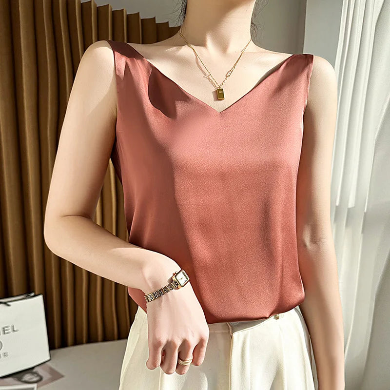 Silk Satin Women Double Shoulder Camisole Tank Top V-neck Sleeveless