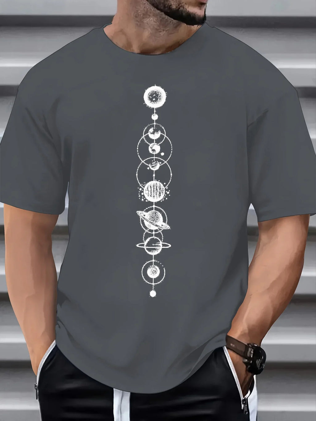 Space Planet Print Round-neck Men Women Pure Cotton Short Sleeve