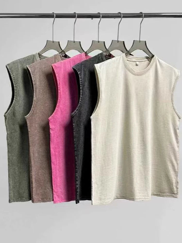 Summer Men's Washed Cotton Tank Tops Muscle Gym Sleeveless Workout T