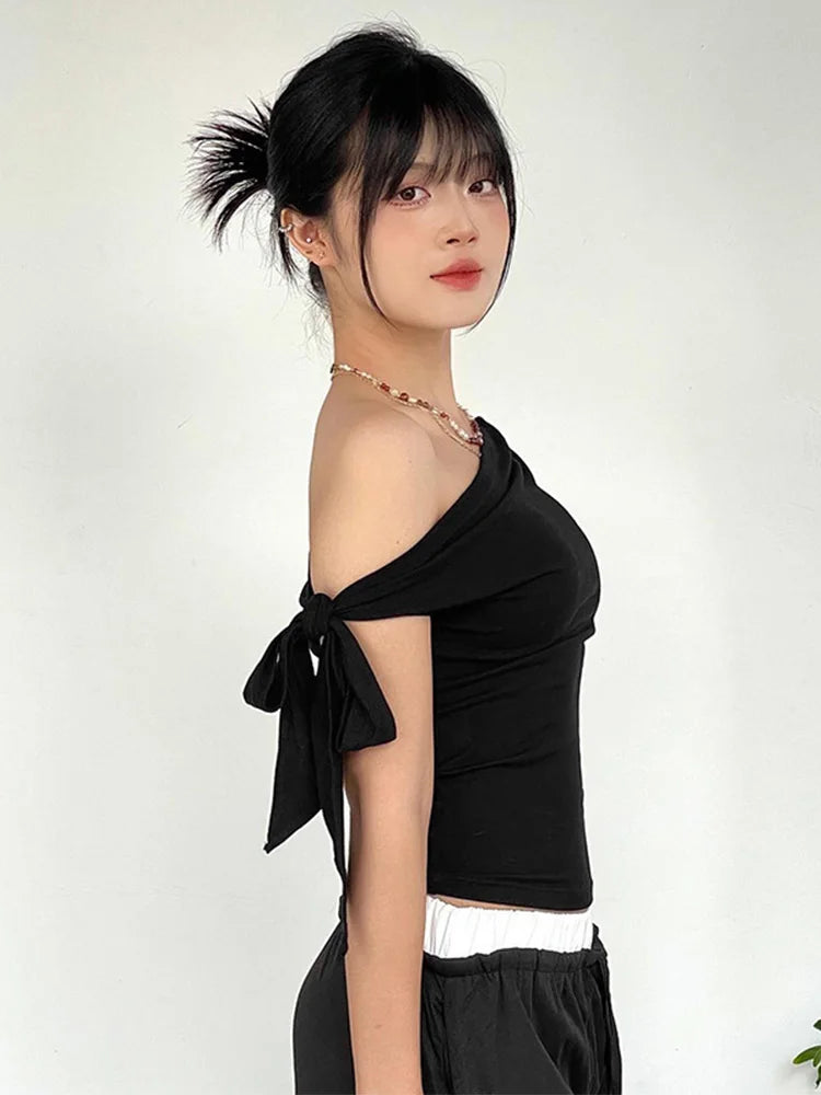 2025 Women'S Summer Ins Style New Shrink Pleated One-Shoulder Crop Top