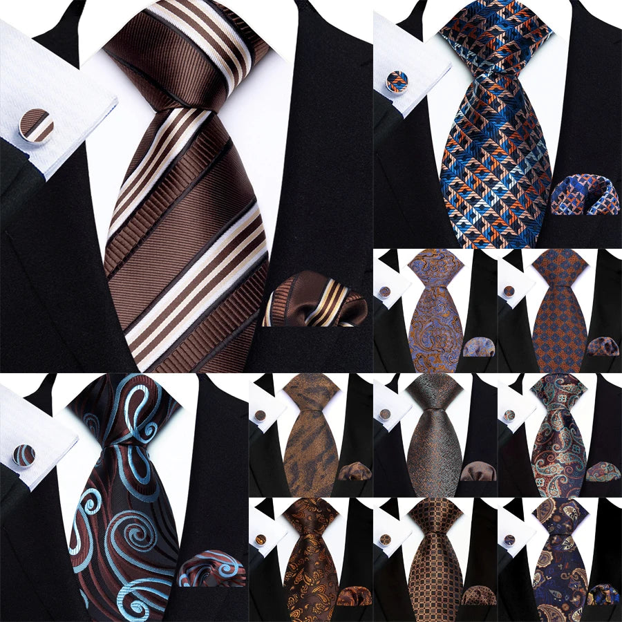 Men's Ties Handkerchief Cufflinks Set Tuxedo Accessories Luxury Brown