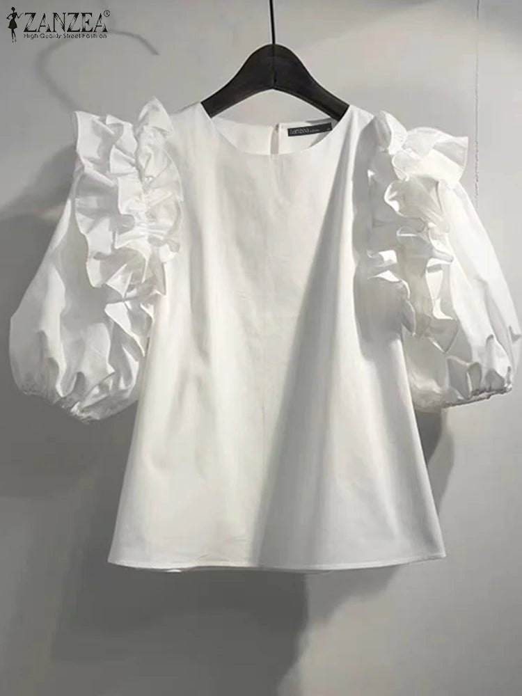 ZANZEA Women Summer Chic Blouse Korean Fashion Puff Short Sleeve Tops