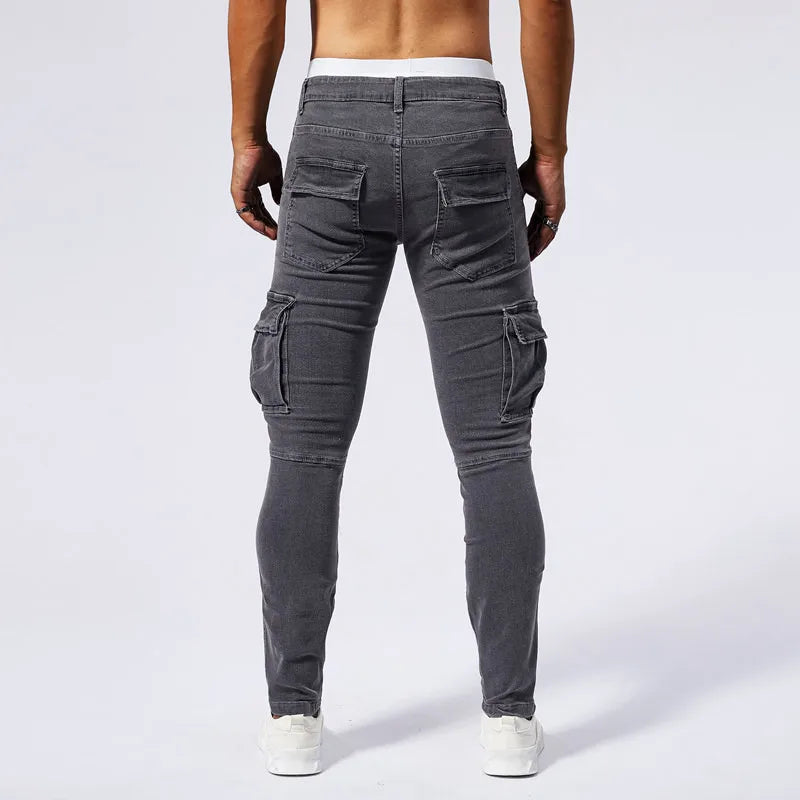 Slim Fit Large Pocket Jeans Cargo Pants for Men Fashionable Casual Hip