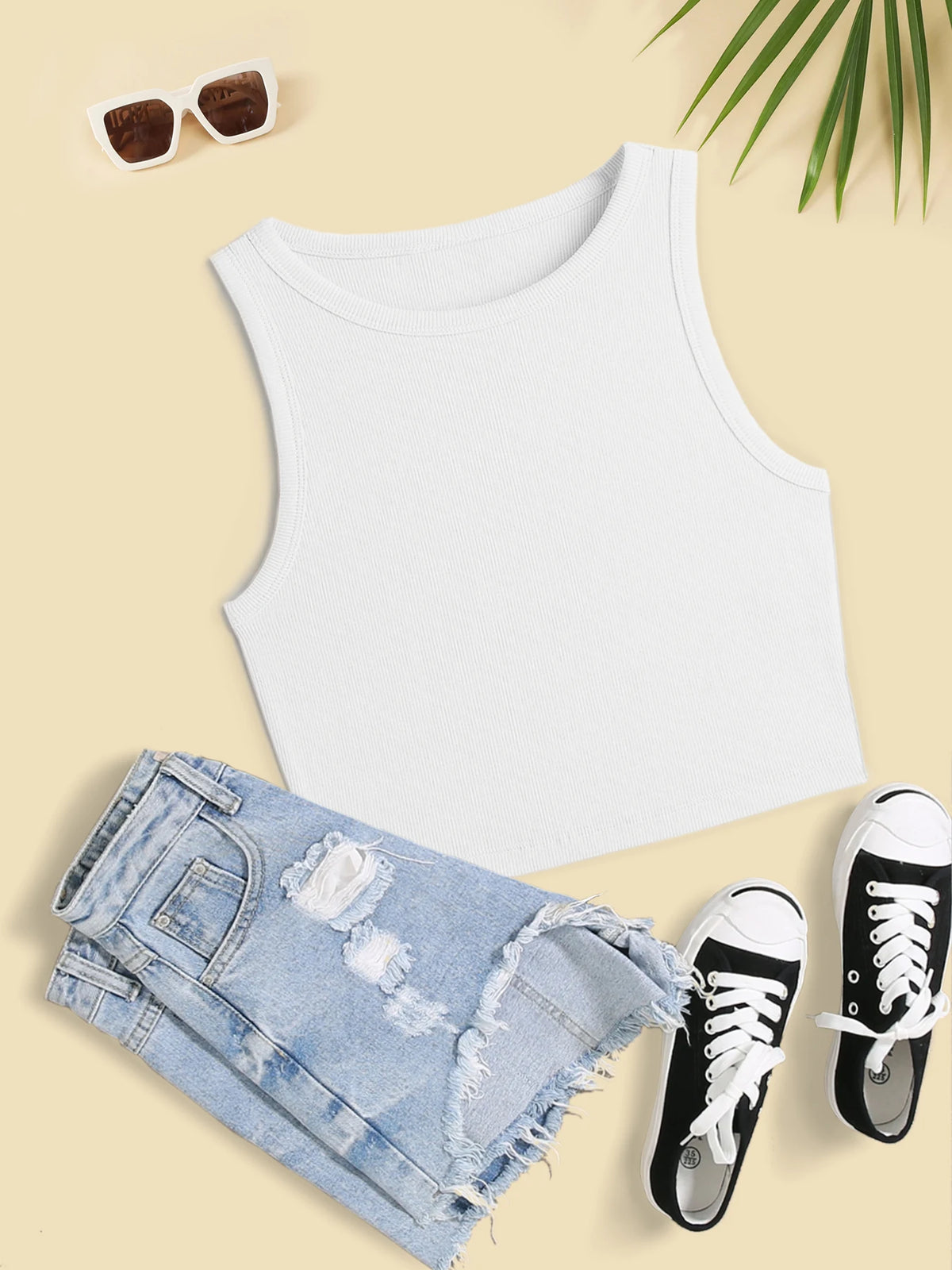 Solid Ribbed Crop Tank Top, Casual Crew Neck Sleeveless Tank Top For