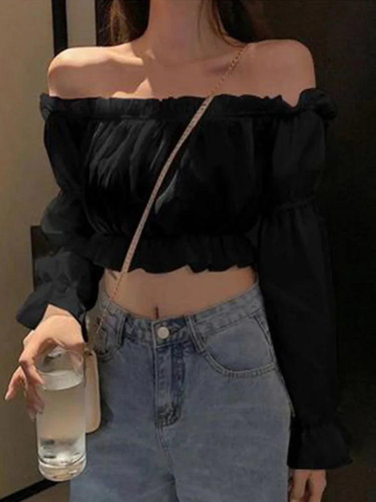 Women Top Sexy Blouse Off Shoulder Top Long Sleeve Solid Color White