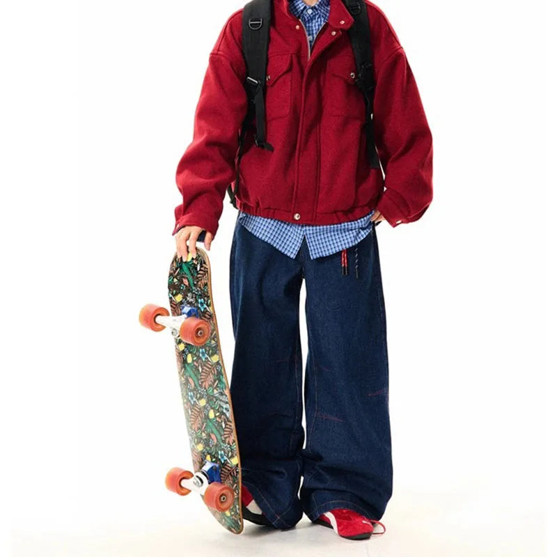 New Korean Retro Blue Straight Leg Jeans Casual Loose Wide Leg Pants