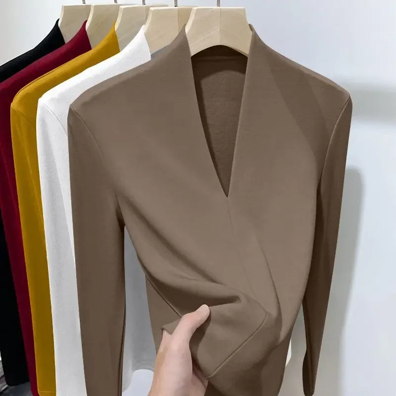 Autumn Winter New Long Sleeve T-Shirts Women Solid V-Neck Plus Velvet