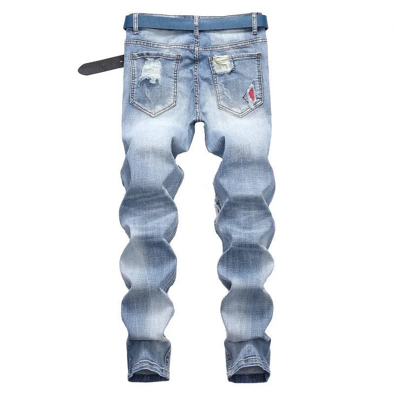New Men's Personalized Ripped Jeans Light Blue Streetwear Stretch