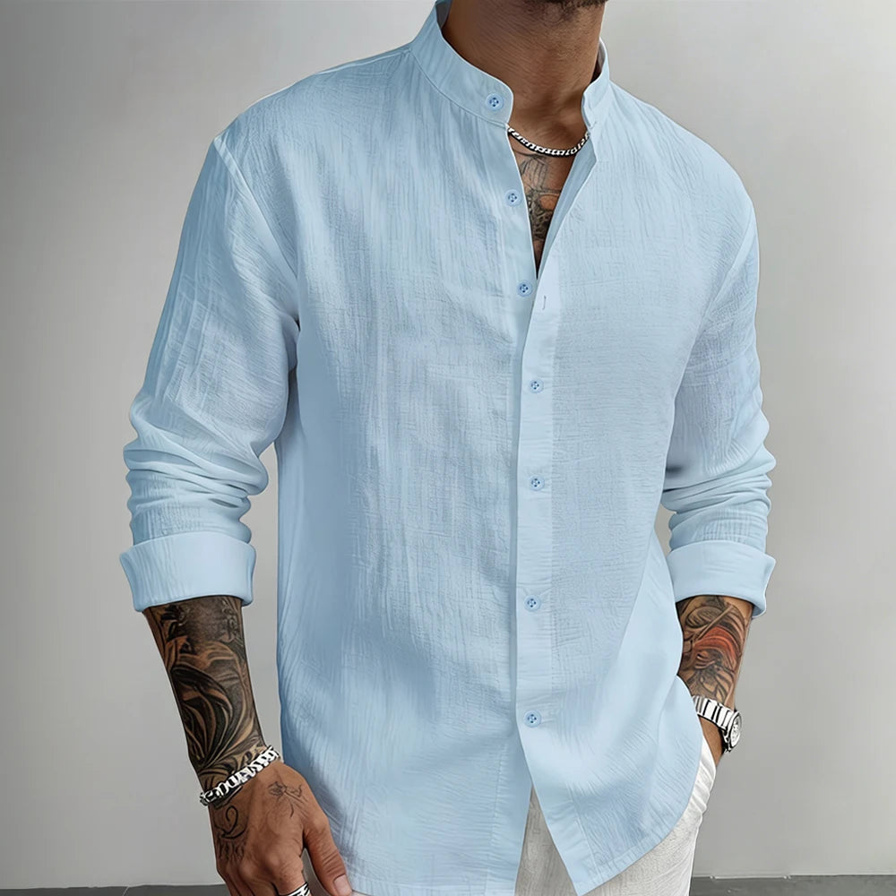 Men's Casual Shirt Henley Neck Cotton Linen Solid Color Button Down