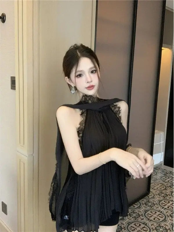 Chiffon Shirt Lace Patchwork Ribbon Hanging Neck Top Women 2025 Summer