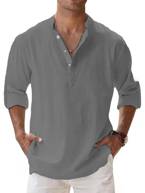 Men's Cotton Linen Henley Shirt Casual Long Sleeve Loose Fit Basic