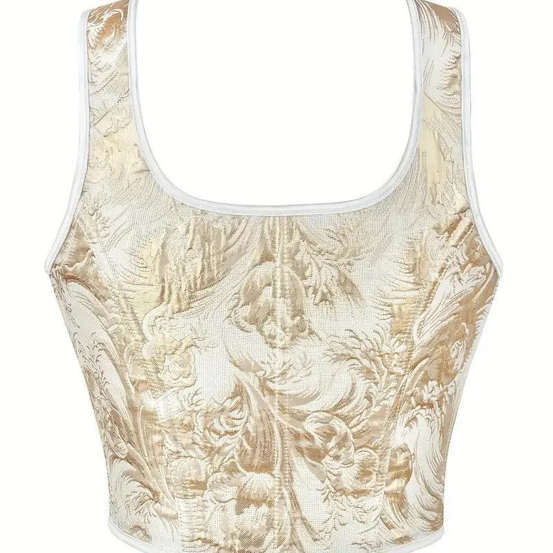 Women's Bow Tie Strap Jacquard Corset Top Front Lace Up Square Neck