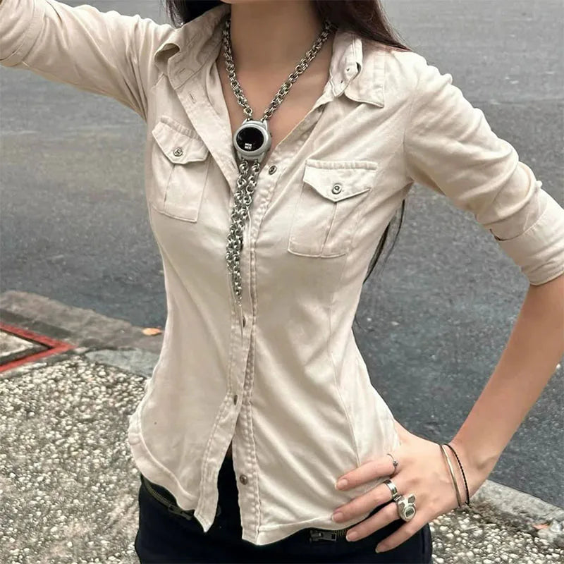 Half Sleeve Button Up Shirts for Woman Clothing Japanese 2000s Style