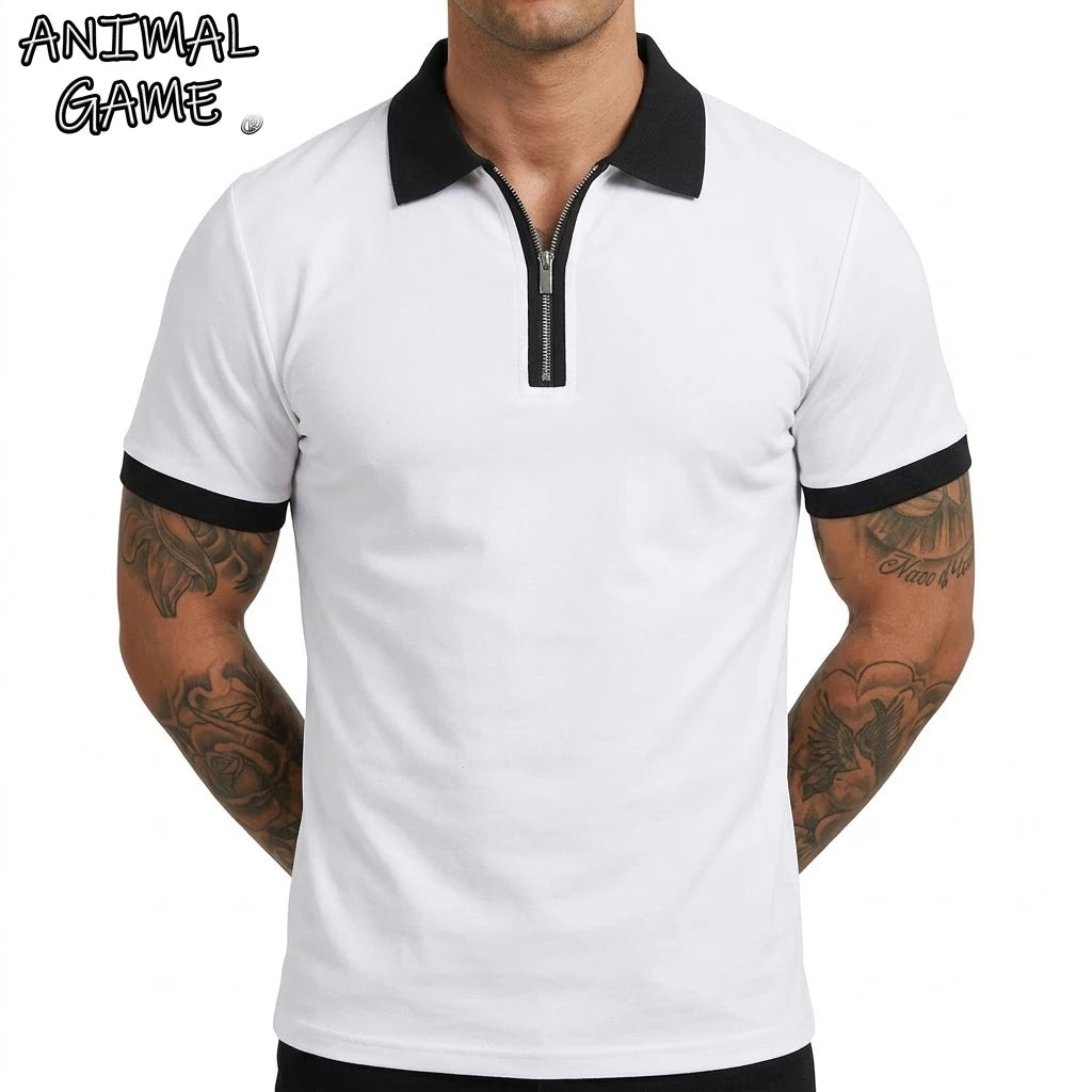 Summer Men's Zipper Short Sleeve Polo Shirts Casual Color Block