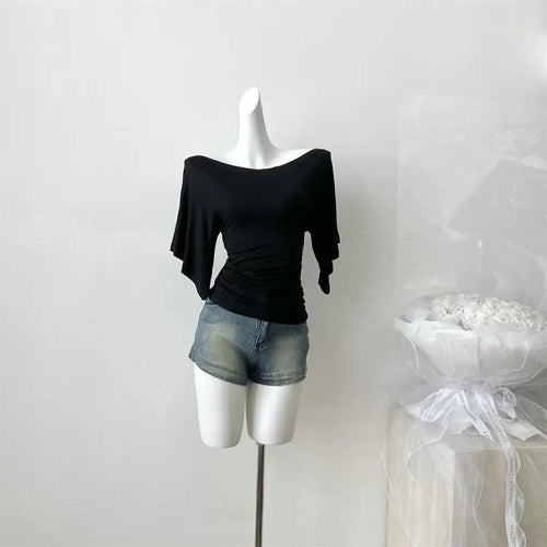 Women's Summer High Stretch Slash Neck Flare Sleeve Slim T Shirt Lady