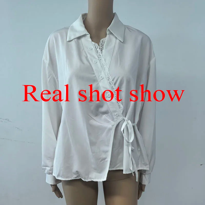 French Retro Lace Patchwork V-Neck Shirts Women Fashion Irregular