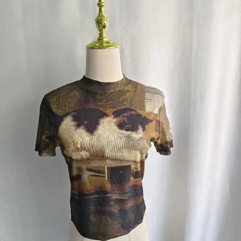 Kimutomo Y2k T Shirts Women Vintage Sexy Cartoon Cat Printed Short