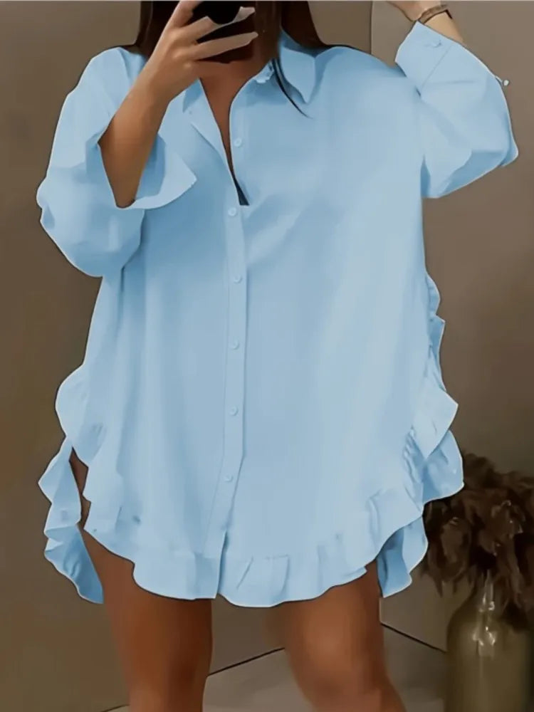 New Solid Mini Party Prom White Mini Dresses Women Falbala Lapel Long