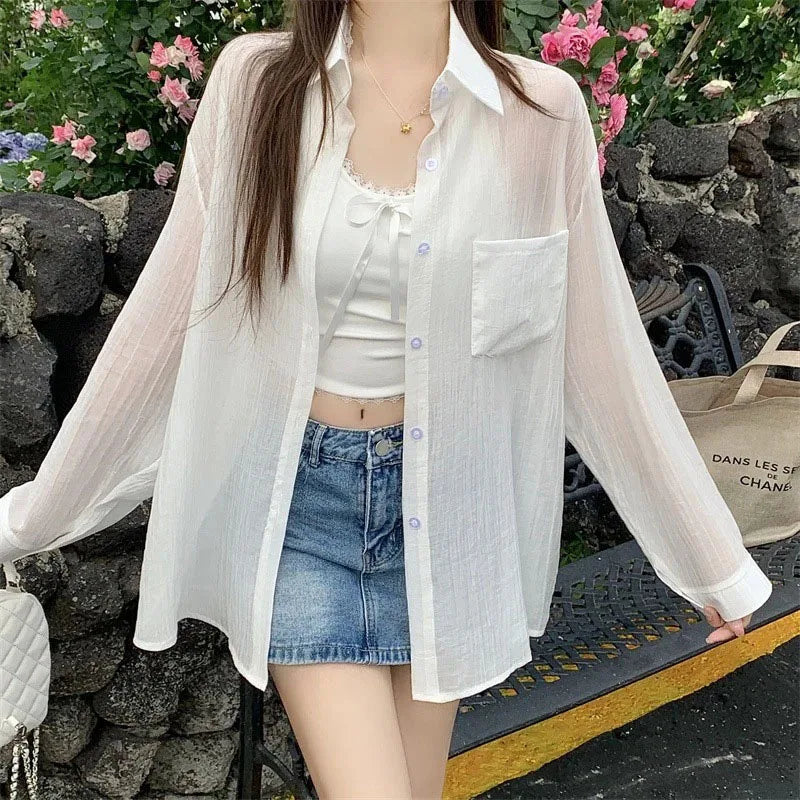 Women's Summer Sun Protection Shirts Casual Loose with Pocket Chiffon
