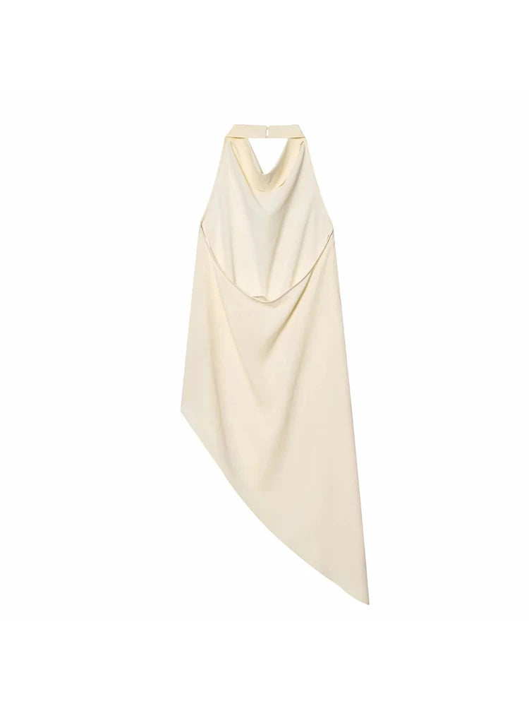 Women Satin Hanging Neck Collar Asymmetric Top Elegant Female Backless