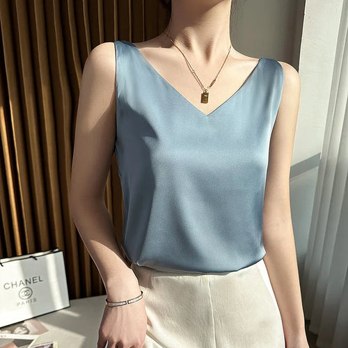 Silk Satin Women Double Shoulder Camisole Tank Top V-neck Sleeveless
