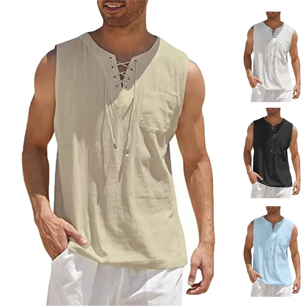 Cotton Linen Shirts Men's Casual Sleeveless Vest Lace Up Shirts Retro