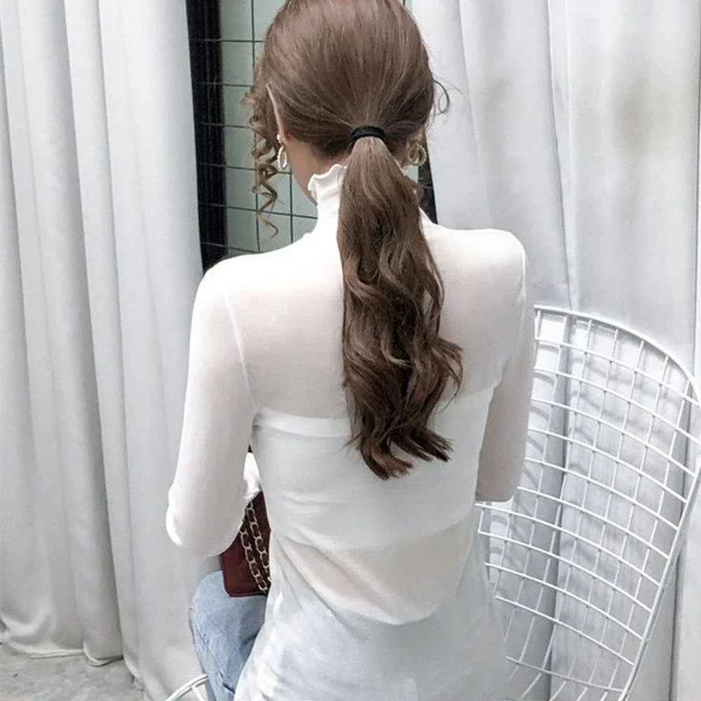 Women Blouses Ladies Party Female Bottoming Tops High Neck Long Sleeve