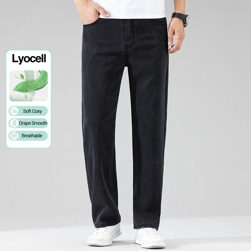 Summer Thin Lyocell Men's Black Jeans Loose Straight Soft Ice Silk